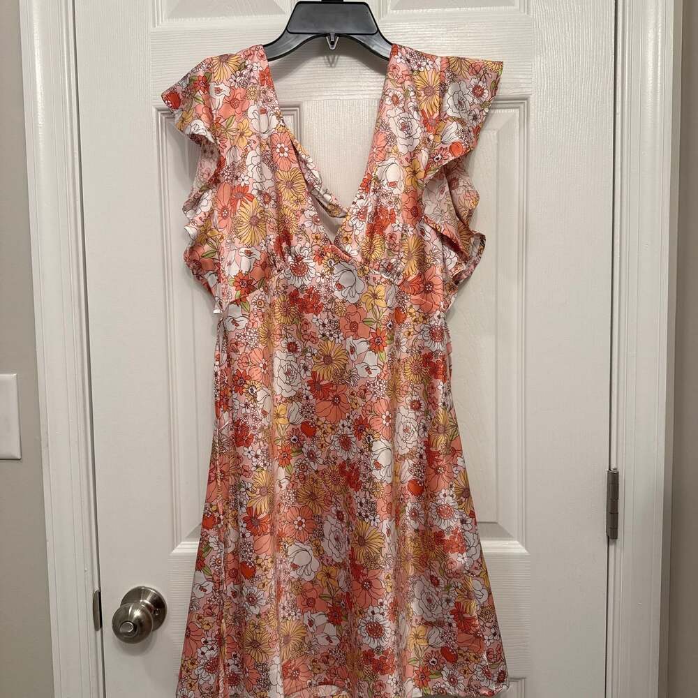 Altar'd State Alysiana Pink Retro Floral Tie-Back Mini Dress with Ruffle Sleeves